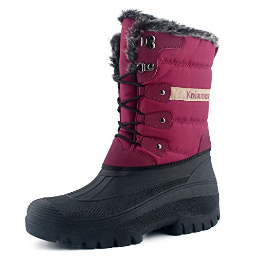 Knixmax Damen Schneestiefel Winterstiefel Warme Gefüttert Hoch Winterschuhe Rutschfest Wasserdicht Gummilaufsohle Weinrot Gr.39 EU
