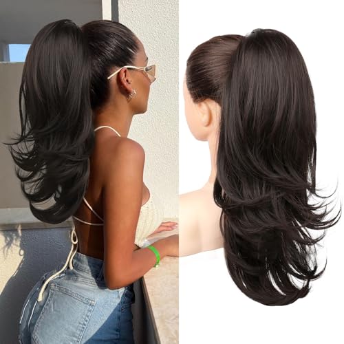 Flufymooz Ponytail Extension, 50 cm Pferdeschwanz Haarverlängerung mit Kordelzug für Frauen weiches, natürlich aussehendes synthetisches Pferdeschwanz Haarteil-Schwarzbraun
