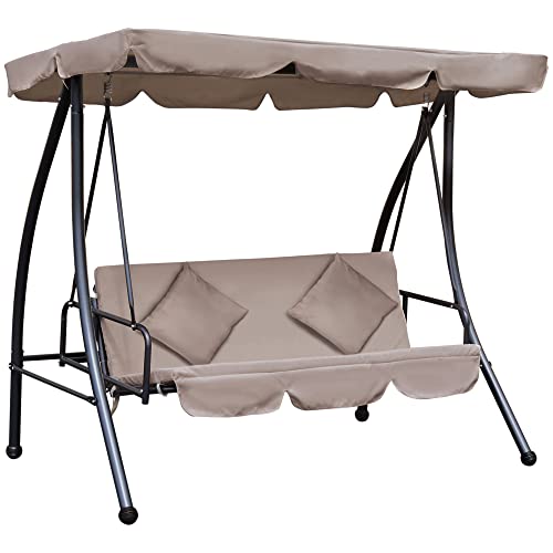 Outsunny 2 in 1 Hollywoodschaukel mit Liegefunktion, 3-Sitzer Gartenschaukel mit verstellbar Sonnendach Kissen, Schaukelbank belast bis 340kg, Gartenliege für Garten Terrasse 200x 125 x 170 cm Beige