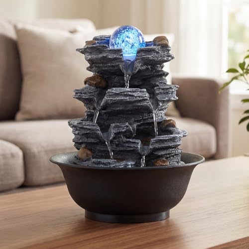 COSTWAY Zimmerbrunnen mit Pumpe, Tischbrunnen mit rollender Kugel, Farbiger LED Beleuchtung, Wasserbrunnen Stein Optik, Springbrunnen für Garten, Brunnen Wasserfall, Tischdekoration, 21,5 x 26 cm