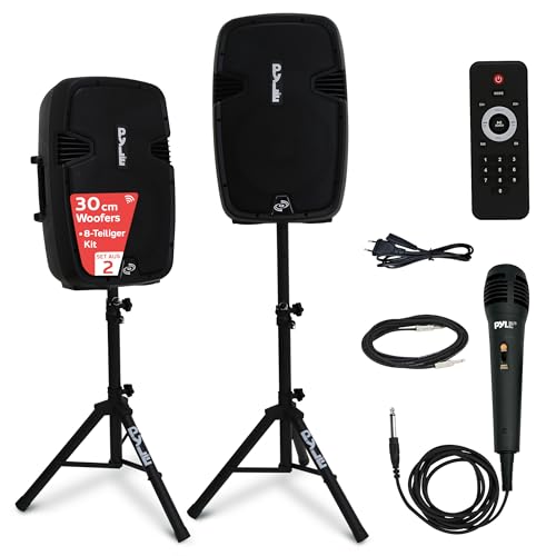 Pyle PA Anlage, 1800W- PA Anlage Komplettset, Lautsprecher mit Mikrofon, Partybox Bluetooth, DJ Lautsprecher- mit 2- Boxenständer, USB/SD/MP3/AUX, Fernbedienung, Aktive/Passive- Lautsprecher Paar