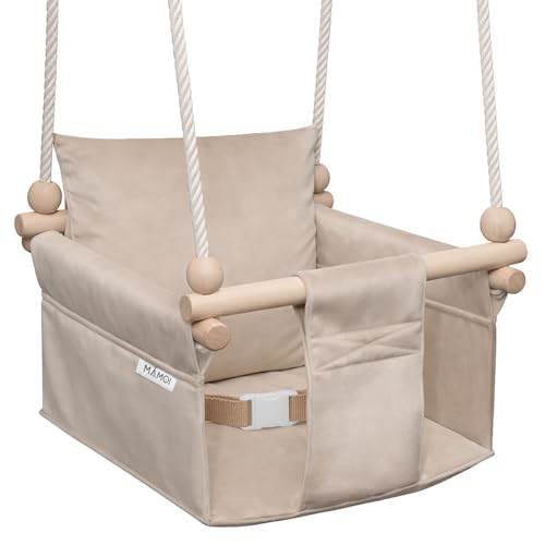 MAMOI Kinderschaukel mit Sicherheitsgurt, höhenverstellbar 150–190 cm, Schaukel für den Innenbereich, stabile Konstruktion, Velours-Sitz, einfache Montage, Innenschaukel für Kinder