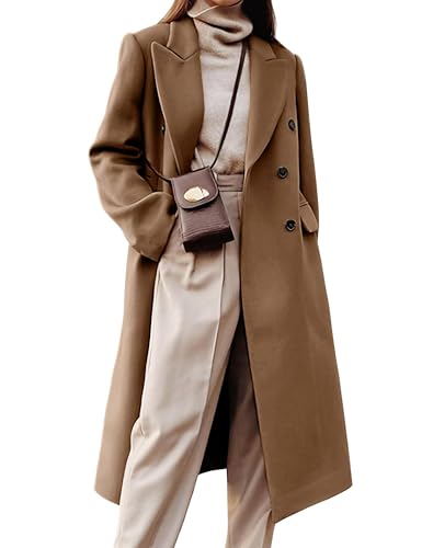 Kinghua Wollmäntel für Damen, Herbst, Winter, Kleid, Erbsenmantel, zweireihig, lang, Trenchcoat, Peacoat, Dunkles Khaki, Small