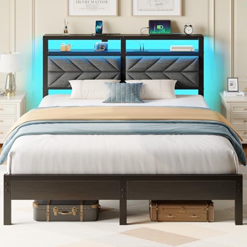 Seventable Bett 140x200 mit LED, Ladestation (2 USB-Anschlüsse & 1 Typ-C-Anschluss), Metallbett mit Gepolstertem Kopfteil & Stauraum, Doppelbett für Schlafzimmer