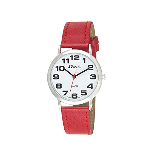 Ravel - Unisex - Armbanduhr mit großen Ziffern - Rot/silbernes Ton/weißes Zifferblatt