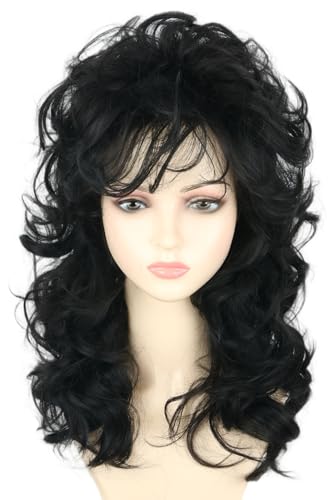 CGVG 70er 80er Jahre Perücke Damen Lange Lockige Perücke Synthetische Hitzebeständige Kunsthaare für Fasching Karneval Halloween Mottoparty (Schwarz)
