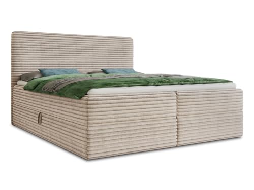 Boxspringbett Mollo mit 2 Bettkästen, Doppelbett mit Bonell-Matratze und Topper, Polsterbett in weichem Cordstoff, Bett, Bettgestell für Schlafzimmer (Beige (Tilia 03), 140 x 200 cm)
