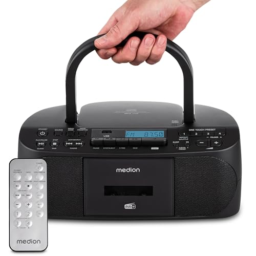 MEDION DRX-1 Plus Boombox (tragbares DAB+ UKW Radio, Bluetooth, CD-Player, MP3, Kassette, Kopfhöreranschluss, Stereo Sound System, AUX, Netz & Batterie) schwarz