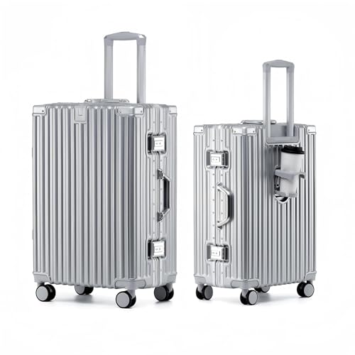 Aoliwei Größe Koffer L 73cm - Alurahmen Hartschalenkoffer aus 100% Polycarbonat, ca. 90L - Premium Reisekoffer mit Getränkehalter & TSA-Schloss - Leiser 4-Rollen Trolley - Silber