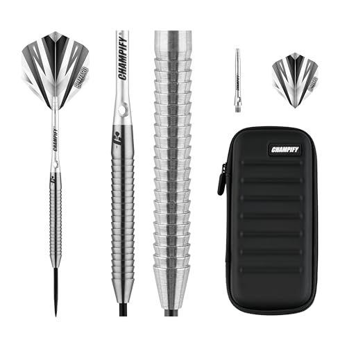 Champify® 90% Tungsten Darts Set “Blizzard” mit 23g Barrel und schwarzer Darttasche| 3 Steeldarts mit 9 Alu-Schäften & 9 Flights | Dart Set mit Zubehör | Dartpfeile mit Metallspitze
