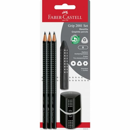 Faber-Castell 580024 - Bleistifte Set Grip 2001, 5-teilig mit 3 Bleistiften, Radiergummi und Spitzer, schwarz