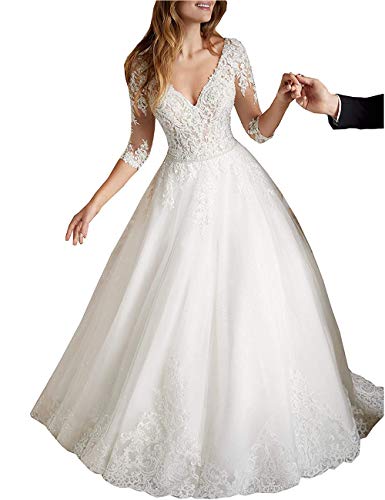 YOUYOUGU Spitzen A-Linie Hochzeit Kleid Standesamtliche mit Ärmeln, Elfenbein, 40