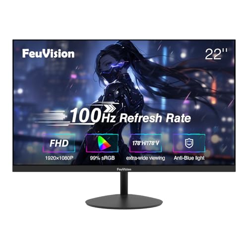 FeuVision 22 Zoll PC Monitor, 100Hz, FHD 1080p, Gaming Monitor, 4ms, VESA montierbar, Eye-Care, Rahmenlos Bildschirm, Blaulichtfilter, HDMI, VGA