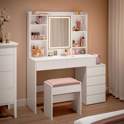 VASAGLE Schminktisch mit LED-Beleuchtung, Hocker, einstellbare Helligkeit, Frisiertisch mit Spiegel, Kosmetiktisch mit Schubladen, offenen Fächern, verstellbaren Ablagen, modern, wolkenweiß