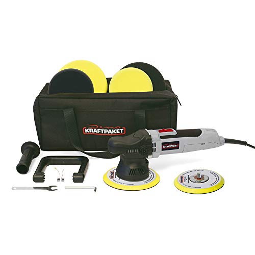 Dino KRAFTPAKET 9mm-650W Exzenter Poliermaschine für Auto Boot KFZ im Set mit Stützteller Polierpads und Tasche, 125mm+150mm, Grau