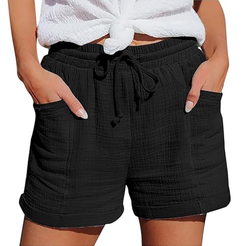 musselin Hose Damen, Kurze Hose Damen Shorts 2026 Sommerhose Leicht Musselin Kurze Leinenhose Sommer Leinen Short Beach Hosen Mit Taschen Stoffhose Kleid Stretch Gerades Kordelzug Clothing