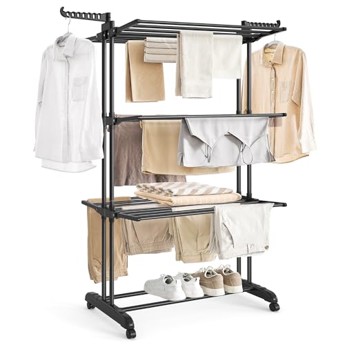 SONGMICS Wäscheständer, Standtrockner 4 Ebenen, Flügelwäscheständer, klappbare Flügel, mit Rollen, 63,5 x 128 x 173 cm, groß, einfacher Aufbau, tintenschwarz LLR701B01