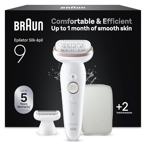 Braun Silk-épil 9 Epilierer Damen mit Schwenkbarem Kopf für Eine Einfache Haarentfernung, Wet&Dry, Langanhaltend Glatte Haut, Wasserdicht — Inkl. Rasieraufsatz und Trimmeraufsatz — 9-030, Weiß/Rosa