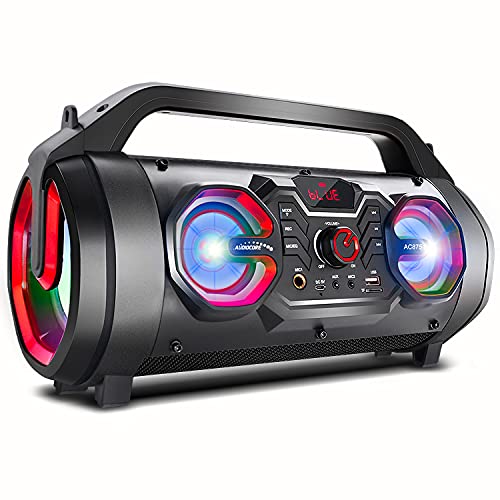 Audiocore AC875 Tragbarer Bluetooth-Lautsprecher Boombox 30W (20W+5Wx2) Bazooka Spritzwassergeschützt, Radio, microSD, Aux, USB, Beleuchtung, Mikrofonanschluss, Fernbedienung (Lautsprecher)