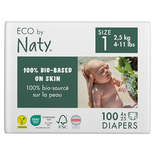 Eco by Naty Baby Öko Windeln - umweltfreundliche Premium-Bio Windeln aus pflanzenbasierten Materialien, ideal für empfindliche Babyhaut (Größe 1 - 100 Stück) - MONATSBOX