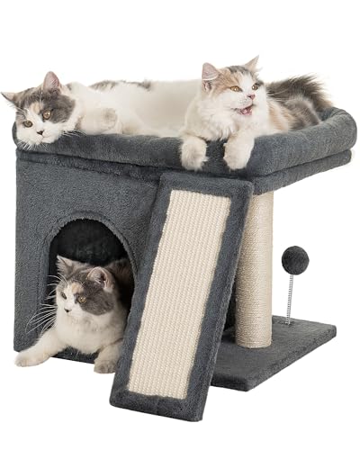 Aechonow Kratzbaum für Große Katzen Stabil, Katzenbaum mit Groß Liegefläche(51x41cm), 3 Tier Katzenhöhle Tonne Bett für Indoor Adulte Katzen, Dunkel Grau