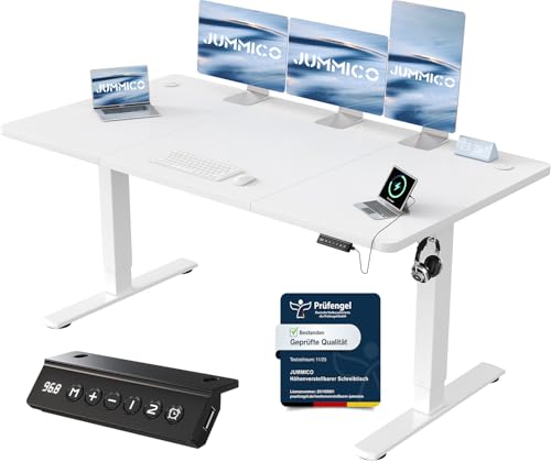 JUMMICO Höhenverstellbarer Schreibtisch mit USB-Ladeanschluss 160 x 70 cm, Schreibtisch Höhenverstellbar Elektrisch, Steh-Sitz Tisch Stehpult Verstellbarer Computertisch,Standing Desk,Weiß