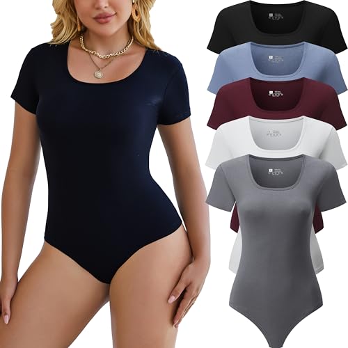 Chongbaijia Kurzarm-Bodys für Damen, quadratischer Ausschnitt, lässig, dehnbar, Basic-Body, Tops, T-Shirts, 5 Stück, 5-teilig: Schwarz/Weiß/Blau/Rot/Grau, M