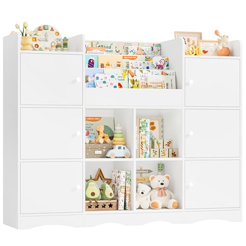 FOREHILL Kinderregal mit 12 Fächer, Bücherregal Kinder, Spielzeug Aufbewahrung, Kinderzimmer Möbel mit 6 Türen, Spielzeugregal mit Montessori Regal 140x30x106 cm Weiß