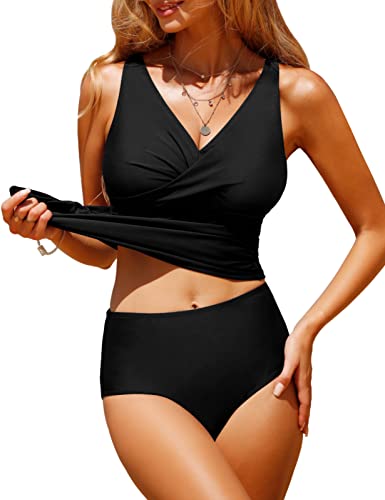 RITOSTA Bikini Badeanzug Damen Bauchweg Tankini Push Up Bikini Set High Waist Bademode Twist Front Zweiteiliger Badeanzüge V Ausschnitt Bikinis für Frauen Swimsuits(Schwarz,L)