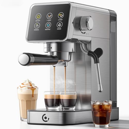 AMZCHEF Siebträgermaschine mit LED-Touchscreen, 20 Bar Selbstreinigende Edelstahl Espressomaschine mit Milchaufschäumer, Kompakte Cappuccino & Latte Maschine für Zuhause und Büro