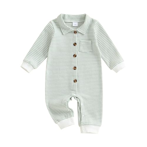 Beauace Baby Jungen Strampler Neugeborene Langarm Body Streifen Jumpsuit 0-24 Monate mit Knöpfen (Grün, 0-3 Monate)