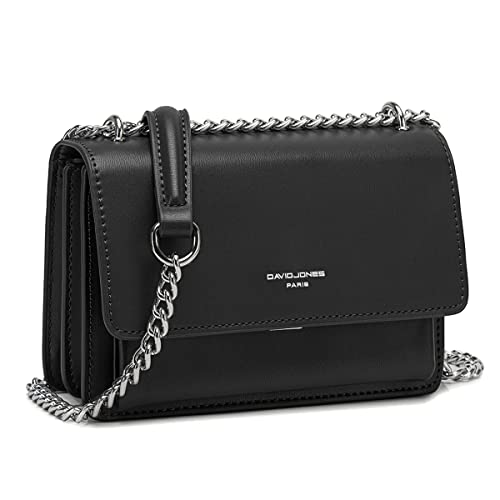 David Jones - Damen Kleine Umhängetasche - Crossbody Bag PU Leder Frau - Ketten Handtasche Mini Tasche Klappe - Elegante Schultertasche Mode Abendtasche - Alltag Reise Schick Stilvoll - Schwarz