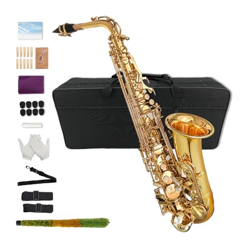 Yinfente Eb flaches Saxophon mit 10 Blättern, 8 Pads, Hartschalenkoffer und mehr, für Studenten, Anfänger, Erwachsene, Altsaxophon, Saxophon-Set, (goldfarben)