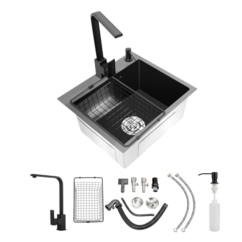 EGBNSY Küchenspüle, Spüle Schwarz, 45x40x20cm Kitchen Sink, Spülbecken mit 360°-Wasserhahn, Seifenspender, Abtropfkorb, Ausgussbecken, Waschbecken Küche für Küche, Spülbecken Schwarz 1 Becken