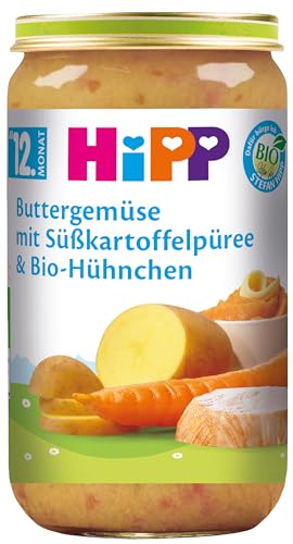 HiPP Buttergemüse mit Süßkartoffelpüree und Bio-Hühnchen (6 x 250g), Kindermenü ab 12 Monaten, salzarm, stückig zum Kauenlernen, mit Omega-3