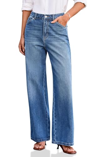 Cicy Bell Damen Jeans Baggy Weitem Bein Jeanshosen Mittlere Taille Denim Boyfriend Hosen mit Taschen Hellblau 46