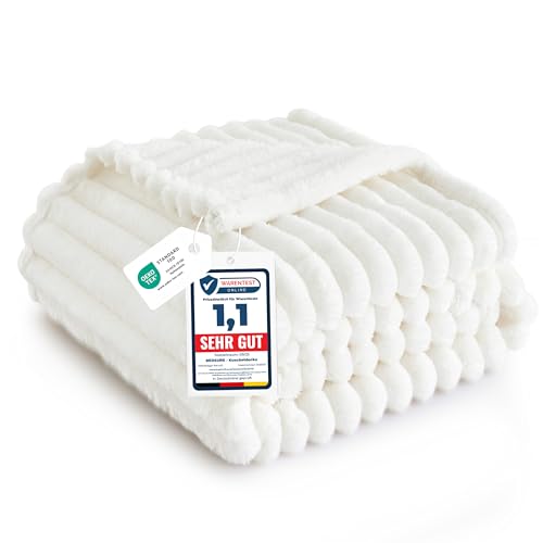 BEDSURE Kuscheldecke für Zimmer Deko - Wolldecke & Fleecedecke, Sofadecke, Weiche Warme Grobe Korddecke für Couch, Wohn- & Kuscheldecken, Tagesdecke, Wollweiß, 150 x 200 cm