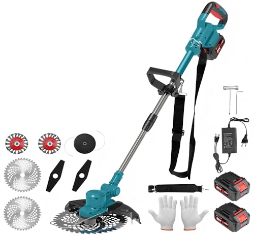 TerraKraft 21V Rasentrimmer mit Akku, 750w Akkus Rasentrimmer, Freischneider Akkus, Die Teleskophöhe 100cm - 145cm Motorsense Akkus, 90° Trimmwinkel(Inkl2 x 4,0Ah Akku) (Blue)