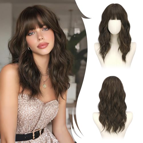 RUWISS Braun mit Highlights Lange Gewellte Perücke mit Pony für Damen, 20 Zoll Layered Perücke Damen, Natürlich Synthetisch Hitzebeständig Wigs für Alltag Party Cosplay Halloween