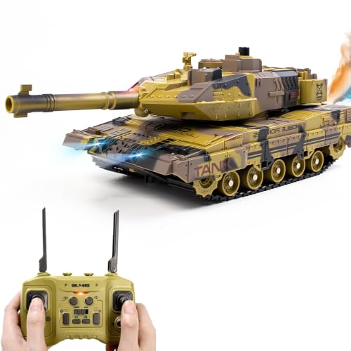 Hitish RC Panzer mit Schießfunktion für Kinder Erwachsene, 2,4G Ferngesteuerter Armee Tank Spielzeug mit Auto-Demo Sound Licht Rauch, 13-Kanal Militärfahrzeugmodell Geschenk für Jungen, Beige