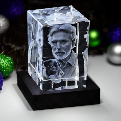 contento 3D Glasfoto Gravur | mit LED Beleuchtung | Kristallfoto in 3D | 2 Personen/Tiere | personalisiertes Geschenk für Hochzeits, Geburtstag, Weihnachten | Größe S hoch inkl. Leuchtsockel