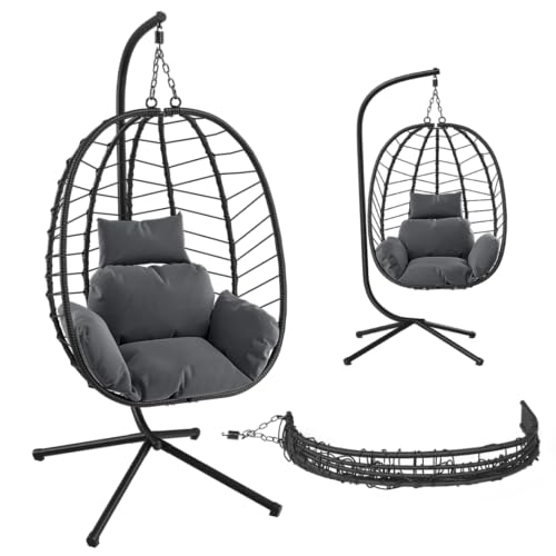STEELSØN Alarian Hängesessel mit Gestell – Hängestuhl Rattan Outdoor & Indoor mit Kissen – Hängekorb Schwarz höhenverstellbar – Gartenschaukel für Erwachsene & Kinder – Hanging chair faltbar bis 150kg