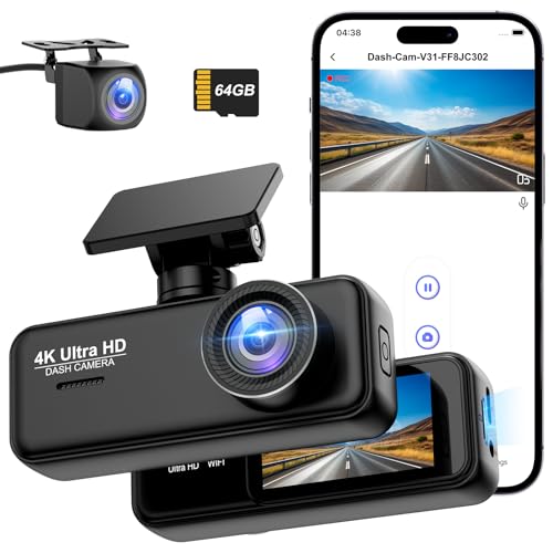 Dashcam Auto 4K+1080P SIGRILL Dashcam Auto Vorne Hinten, WiFi Dash Cam APP Steuerung, kostenlose 64-GB-Karte, Ultra Nachtsicht Daschcam, 24H Parkmodus, G-Sensor, Loop-Aufnahme, Max 256GB
