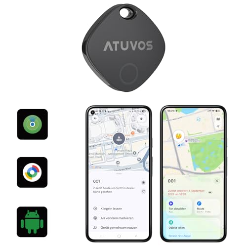 ATUVOS Dual-System Air Tag Pro 1er Pack, Smart Schlüsselfinder Tracker kompatibel mit Android Google Mein Gerät finden or iOS Apple Wo ist? App (Huawei nicht unterstützt), Keyfinder für Gepäck/Taschen