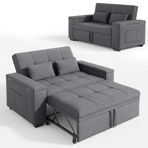Xbro 3-in-1 Schlafsofa ausziehbar, 2-Sitzer Sofa mit Schlaffunktion, verstellbare Rückenlehne, Leinenstoff mit 2 Kissen und Seitentaschen, für Wohnzimmer, Schlafzimmer oder Büro, Dunkelgrau