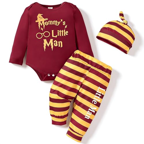 Asmea Baby Kleidung Harry Mommy's Little Man Neugeborene Jungen Mädchen Langarm Body + Hose + Hut Babyartikel Geschenk Junge Baby Shower 3PCS Babykleidung Neutral Rot