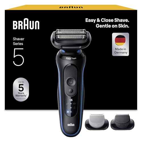 Braun Series 5 Elektrorasierer Herren, Rasierapparat mit 50 Min. Akkulaufzeit, +2 Aufsätze, Kabelloser Nass- und Trockenrasierer für Männer, Made in Germany, Wasserdicht, 52-B1650s, Blau