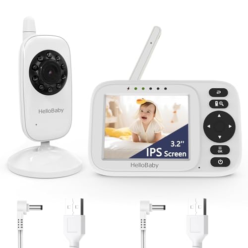 HelloBaby HB2438 Baby Monitor with Camera, Video Baby Monitor Without WiFi, 3.2 Inch Screen, Wired Camera, Angle Manual Adjustment, Night Vision, Range 305 m, ECO, Feeding Reminder, USB Charger