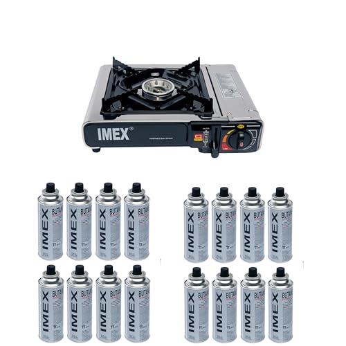 IMEX Gaskocher Edelstahl Campingkocher mit 16 Gaskartuschen und Tragekoffer/Aufbewahrungskoffer 2,2KW