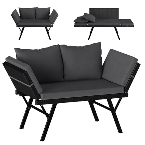 STEELSØN Elytra Rattan Gartenbank Schwarz mit Auflage, klappbar, wetterfest